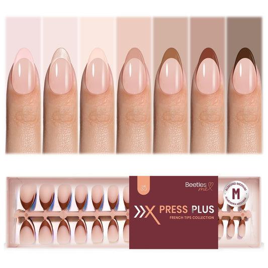 Beetles French Tip Press On Nails - Cappuccino Mousse French | 7 Colors Medium Almond Press On Nails Brown | 16 Sizes 224 Pcs Natural Salon Quality For Women