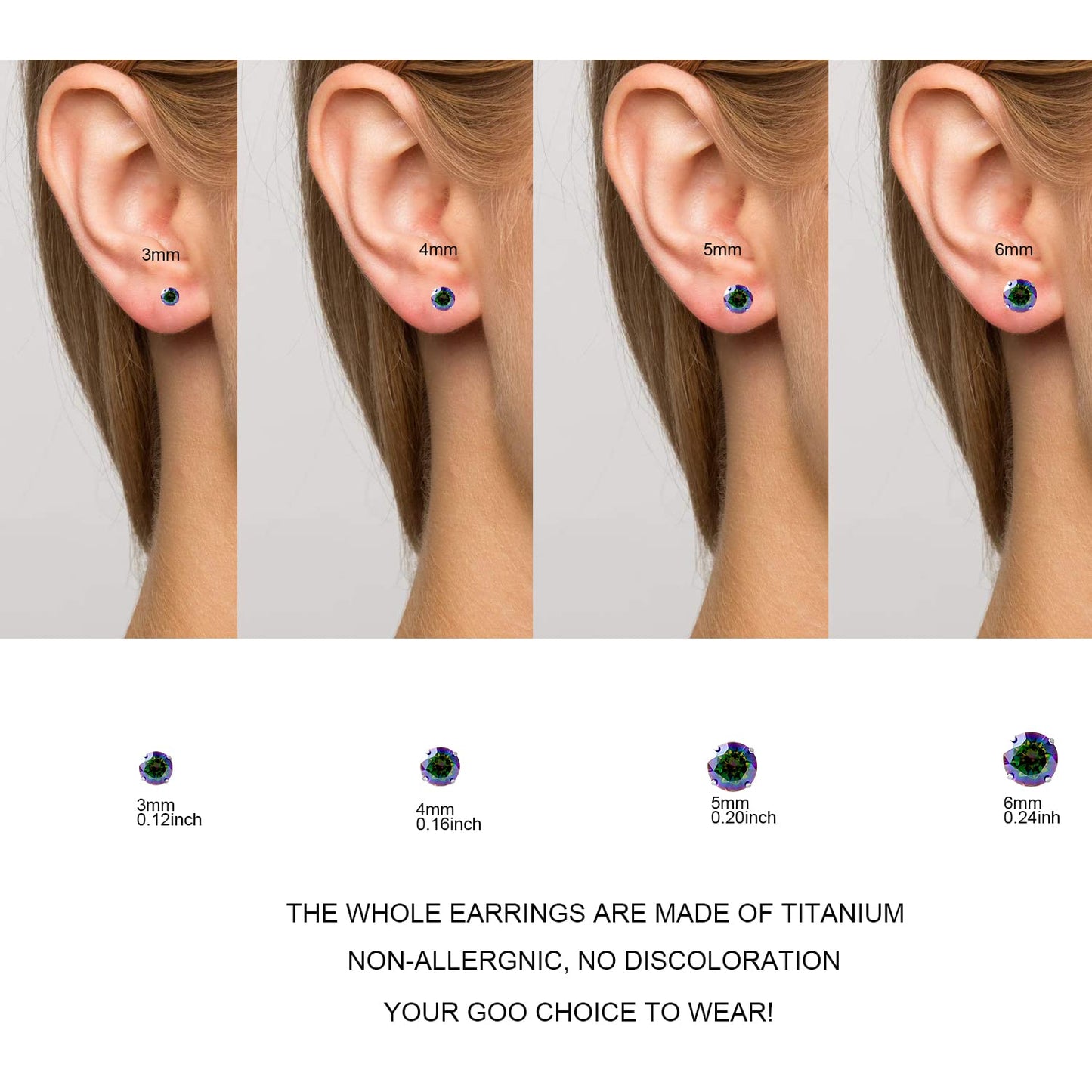 1 Pair Implant Grade Titanium Stud Earrings Set Hypoallergenic 3mm 4mm 5mm 6mm Cubic Zirconia G23 Titanium Earring Studs for Women Men for Sensitive Ear (5mm VM)