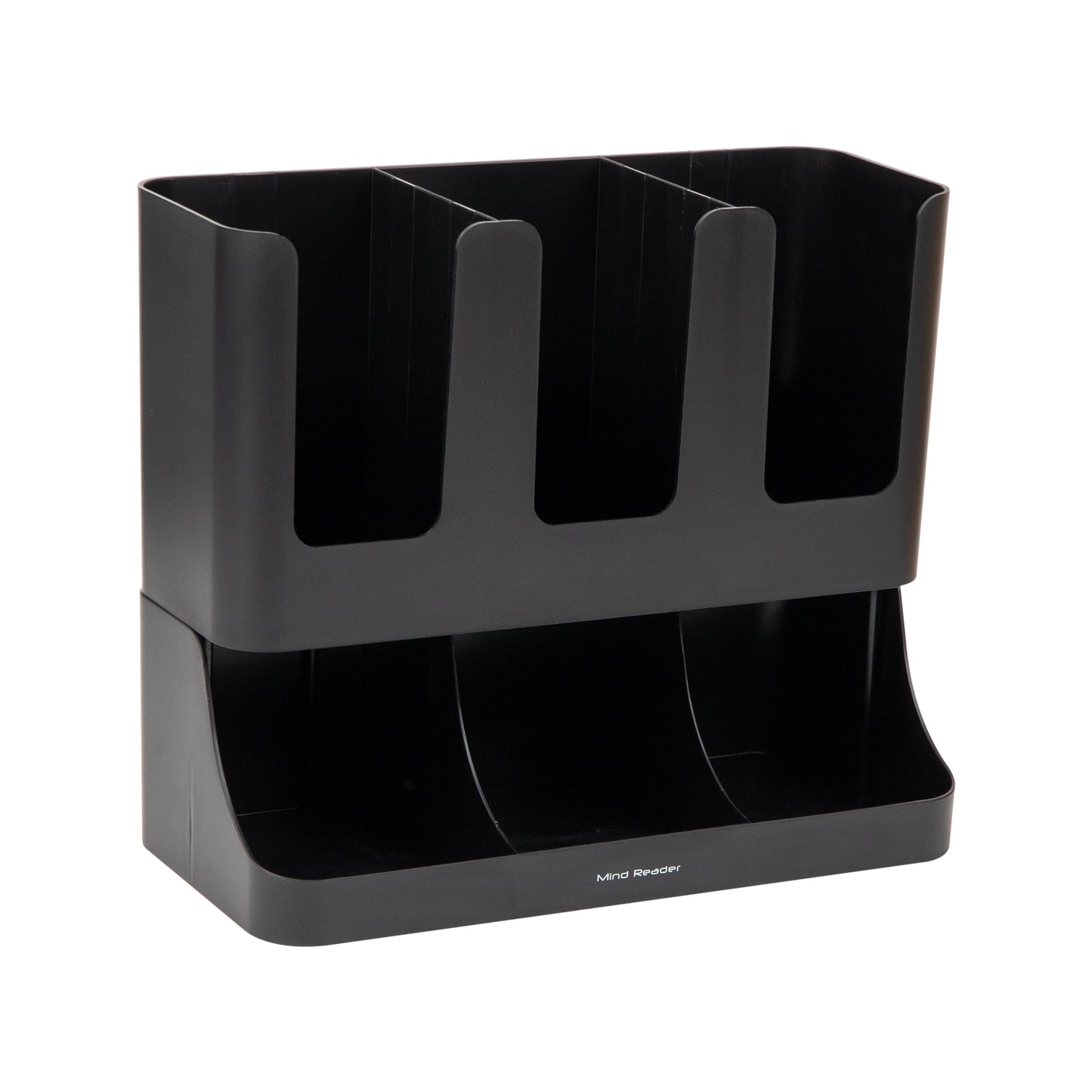 Mind Reader Cup and Condiment Station, 13 Inch Countertop Coffee Bar Organizer with 6 Compartments, Storage Caddy for Cups, Lids and Packets, Plastic, Black