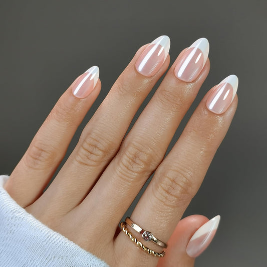 Short Square Press On Nails - Soft Gel Press on Nails Chrome Fake Nail Whit French Tip False Nails Fit Perfectly Reusable Glossy Glue On Nails in 16 Sizes, Stick on Nails for Women Girls 32Pcs