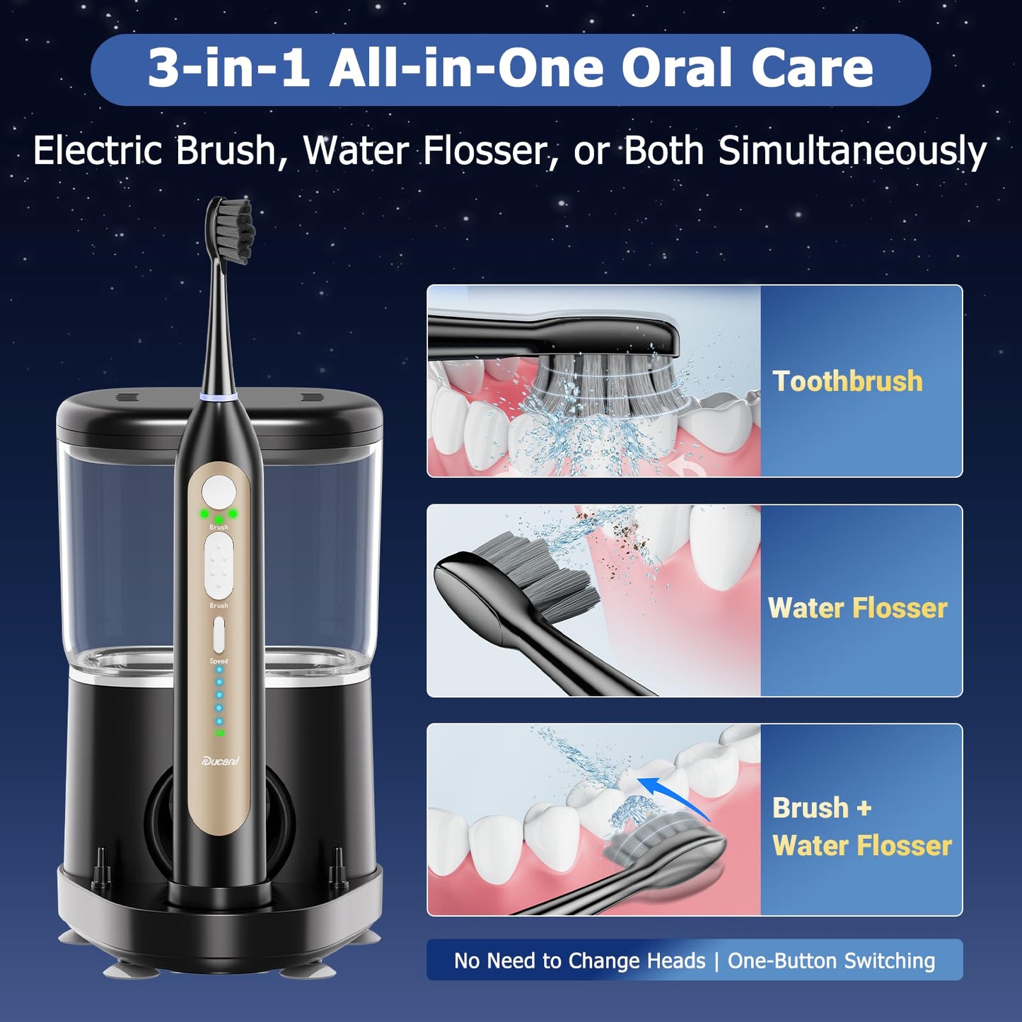 Electric Toothbrush with Water Flosser, Upgrade Flossing Toothbrush Combo with 3 Brush, 5 Floss Speeds& 3 Brush Modes, 500mL Tank, 30-Day Battery, for Adults & Teens, Gums, Braces-Black