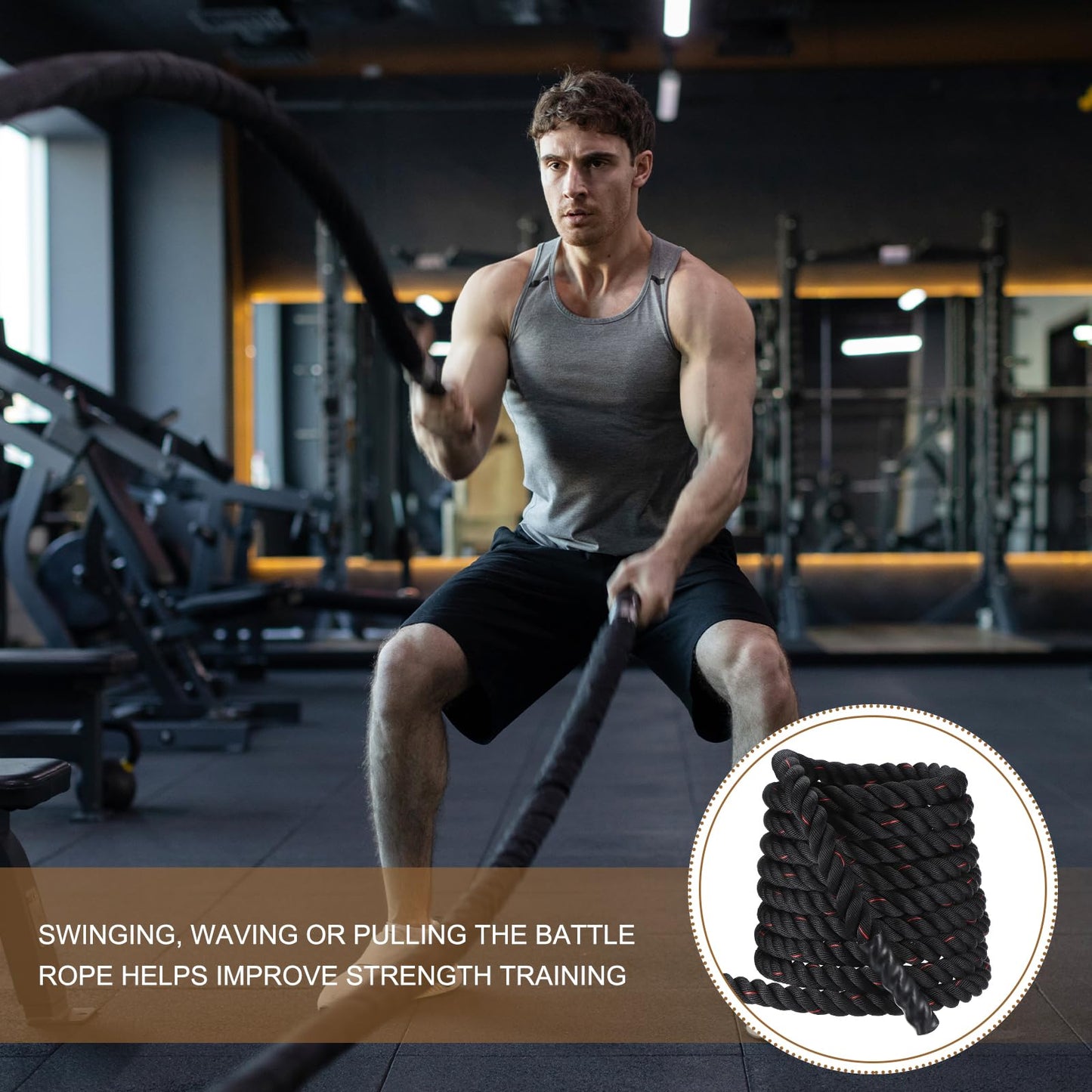 MECCANIXITY Battle Rope 50ft x 2 Inch Polyester Workout Rope Heavy Fitness Exercise Rope for Strength Training Home Gym Muscle Building, Black Red