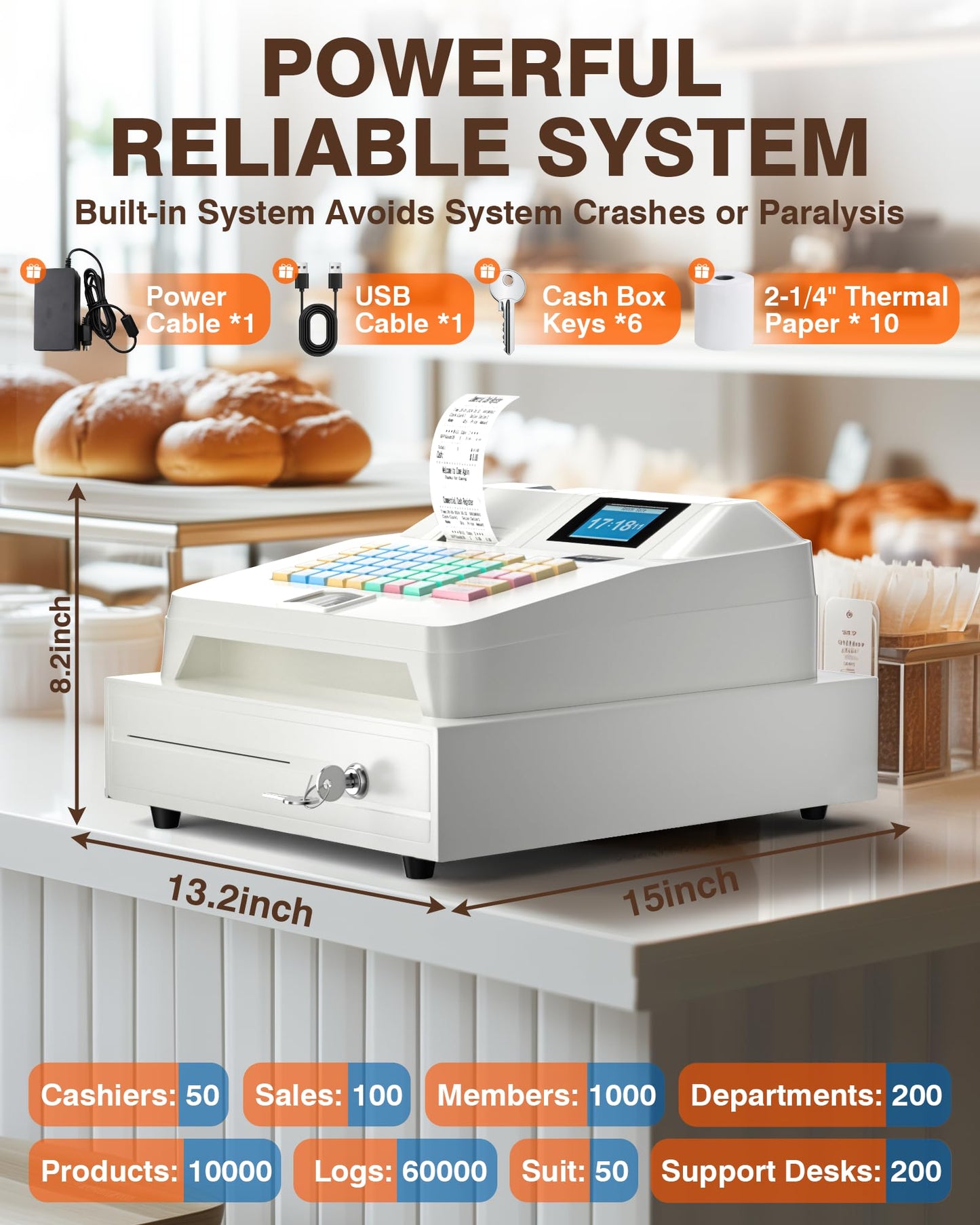 PYY Cash Register for Small Businesses - Commercial Electronic Caja Registradora para Negocio with Lock Cash Drawer Box, 8 Digital Dual Display, 48 Keys, System for Restaurant Supermarket White