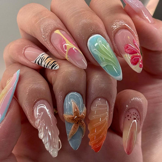 Hkanlre Almond Fake Nude Nails Tips Full Cover False Medium Nails Summer Flower Press on Nails for Women 24PCS