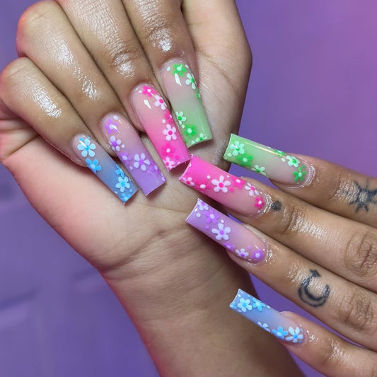 IMSOHOT Long Square Press on Nails Colorful Ombre Fake Nails with Small Flower Designs Glossy Acrylic False Nails Glossy Acrylic Stick on Nails for Women 24Pcs