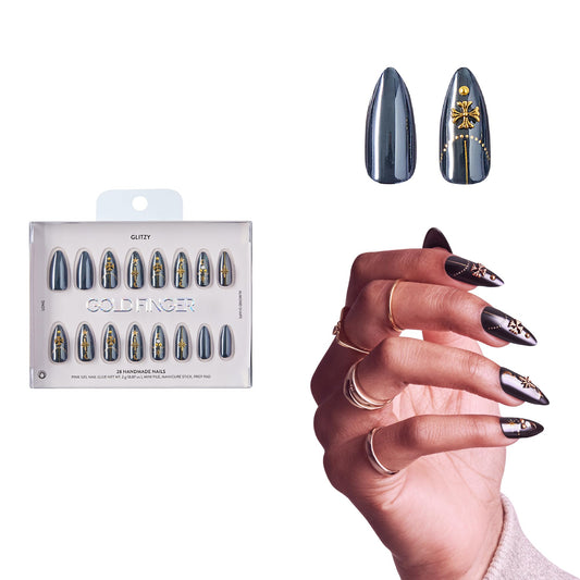 Glitzy 3D Handmade Press On Nail Kit, Rhinestone Gem Black Chrome Long Almond False Nail, Reusable & Lasts Up To 2 Weeks, Seamless Snug Fit Technology, Includes Glue, File & 28Pcs Manicure Set