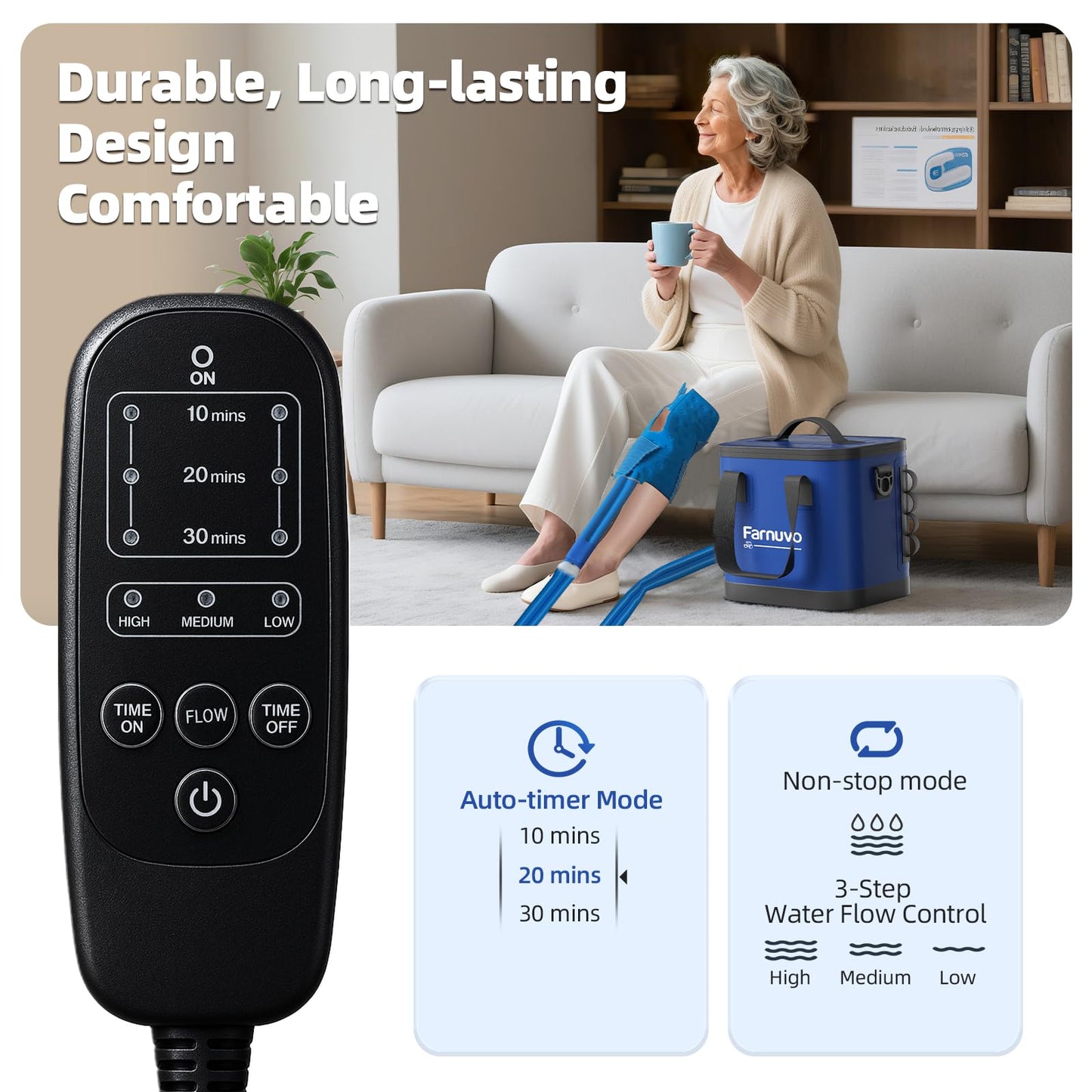 Farnuvo Cold Therapy Machine for Knee Replacement - Portable Ice Machine with Timer, 12Hrs Cooling, 3 Speeds for Pain Relief (Blue)- Ice Therapy Knee/Joints/Ankle/Muscle/Shoulder