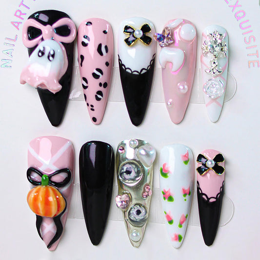 10Pcs Handmade Halloween Press on Nails Long Stiletto Fake Nails with Bow Rhinestone Pearl Design 3D Ghost Pumpkin False Nails Cute Halloween Acrylic Nails French Tip Stick on Nail for Women (S)