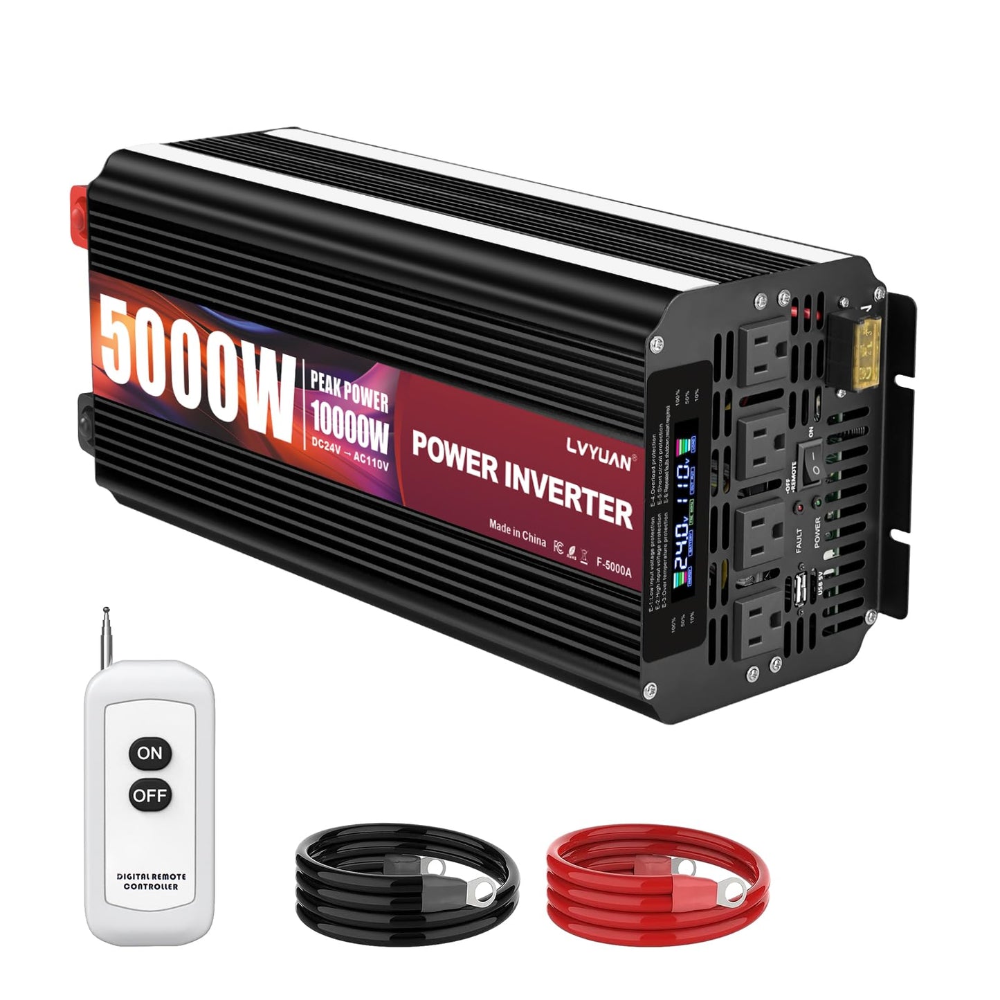 LVYUAN 5000 Watt Power Inverter 24V to 110V 120V for Vehicle, Solar Inverter System, Heavy Duty, RV, Truck, Off Grid,Camping with 4 AC Outlets, LCD Display, Wireless Remote Control, Car Power Inverter