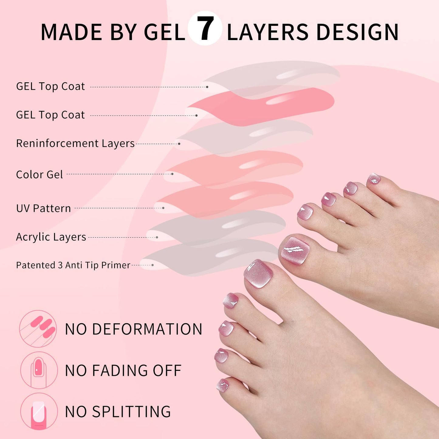 Pink Cat Eyes Press On Toenails,28 Pcs Soft Gel Rose Red Short Square Fake Toenails Kit, Natural Reusable Stick On False Toenail for Women and Girls SK0755