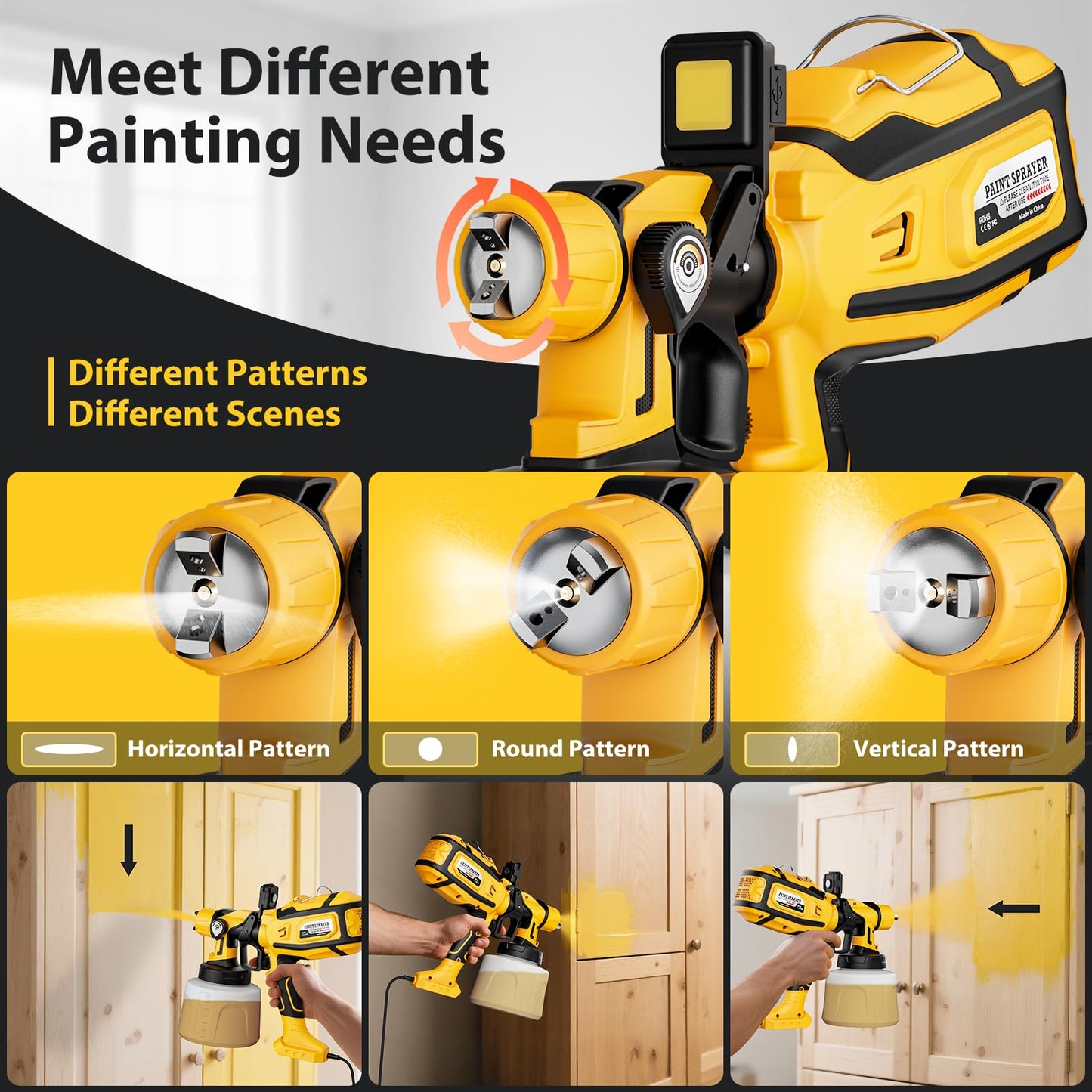 Paint Sprayer for House Painting, Paint Sprayer with 1000W Powerful Copper Motor, 1400ml (47oz) Container, 6 Brass Nozzles & LED Light, Easy to Clean for House, Fence, Furniture, Walls, DIY, Garden