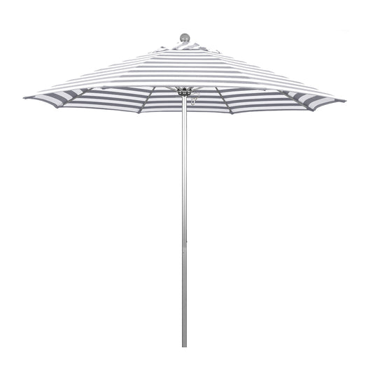 California Umbrella 9' Round Contract Grade Patio Umbrella, Push Open, Silver Finish, Gray/White Olefin