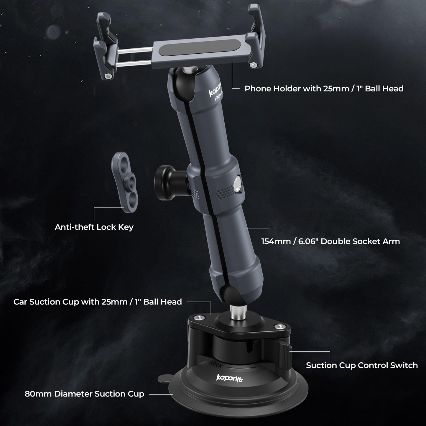 KAPARNER Universal Car Phone Mount, with 25mm Ball Magic Arm and 360° Rotation Phone Holder, Suction Cup Windshield & Dashboard Mount, for iPhone/Samsung/Android, Fits Phone Width 2.56-3.74"(KPS-10)