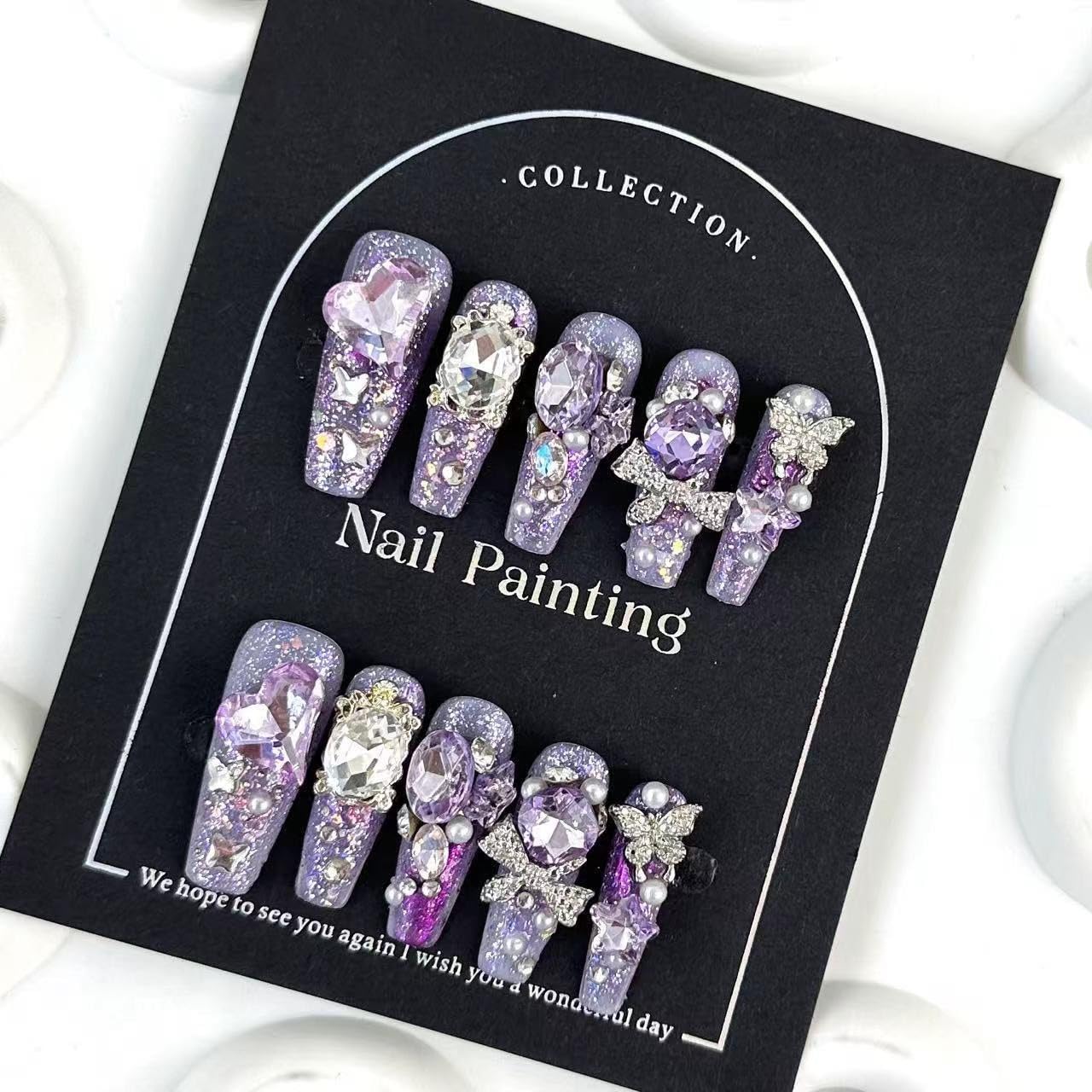 100% 5D Handmade Press on Nails Diamond Long Coffin Nails Press ons Purple Glitter False Nails Rhinestone Silver Butterfly Charms Press on Nails for Women Girls Daily Wear DIY Manicure Size M