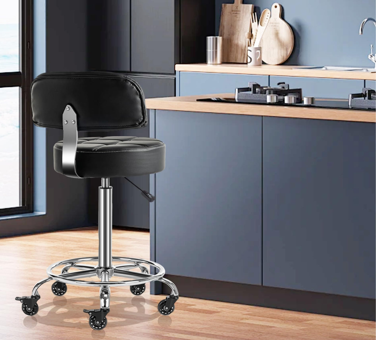 CoVibrant Lockable Stool with Back and Foot Rest Ergonomic Rolling Hydraulic Adjustable Stool for Doctor Esthetician Artist Home Small Office Desk (Black, 24''-31'')