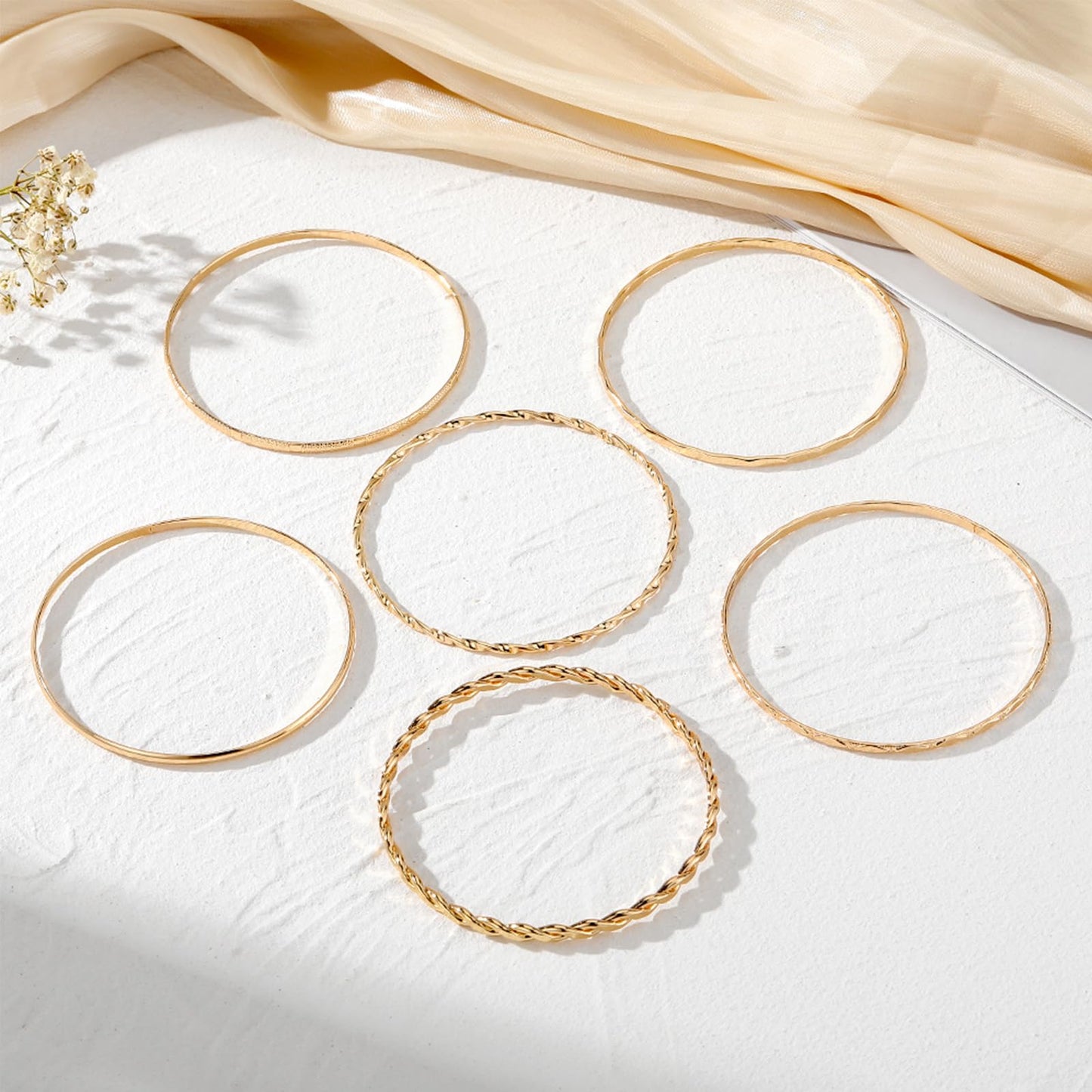 IFKM Gold Bangle Bracelets For Women, 14k Gold Plated Multi Layer Stackable Cuff Bracelet Set, Trendy Elegance Charms Non Tarnish Minimalist Textured Boho Jewelry Gift for Women