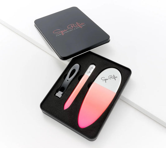 Spa-Rific 3pc Nano File and Ultra Wide Jaw Nail Clipper Set: Glass Nail Files with Large Nail Clipper and Metal Case Kit - Crystal Fingernail Manicure and Pedicure Tools - Coral Pink Ombre