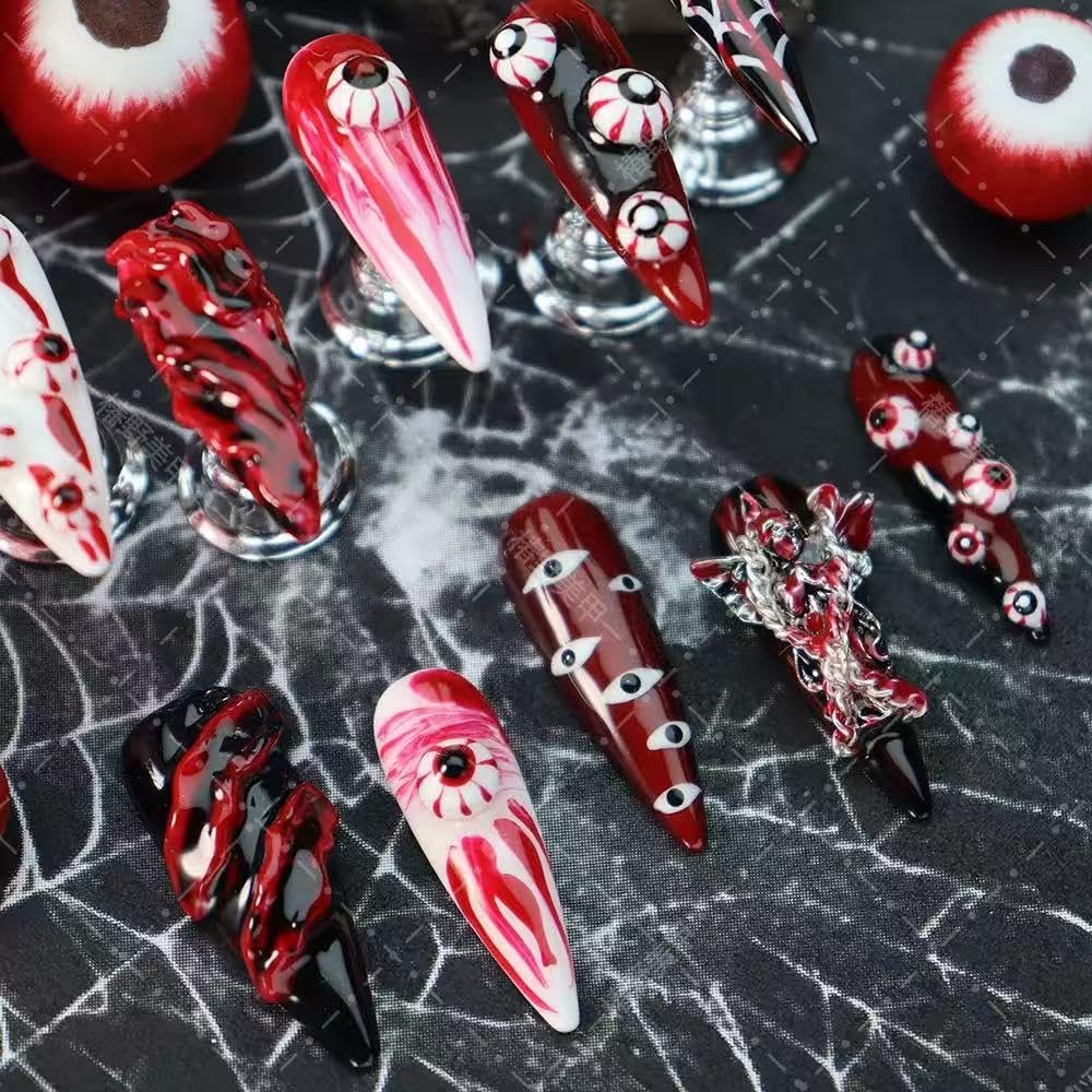 100% Handmade Press on Nails Long Stiletto Halloween Fake Nails with Evil Eye Charms Design Red Black Ombre False Nails Acrylic Handmade Nail Press Ons for Women Girls Manicure Size M