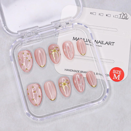 Pink Press on Nails Thick and Muti-Layer Gel Fake Nails Bow French Tip False Nails with Bow Star Design White Hand-draw Lines Stick on Nails Full Cover Artificial Nail for Women DIY (Size M)