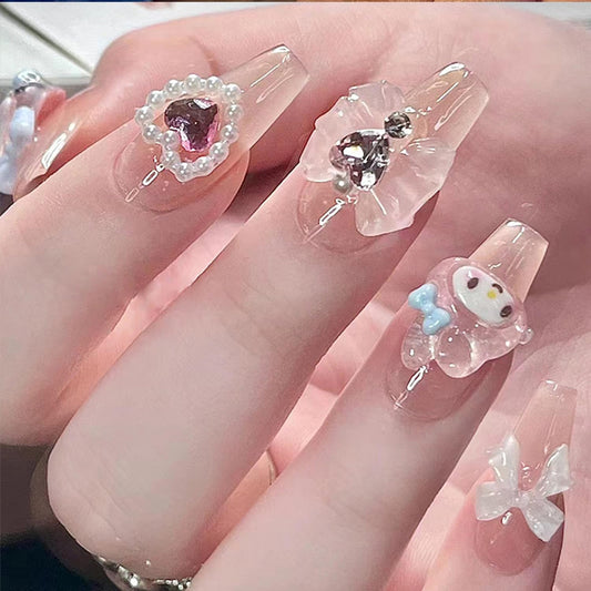 24Pcs Nude Press On Medium Square Glossy Glue On Nails With 3D Kawaii Heart Bow Charms Design French Stick On Cute False Artificial Acrylic Nails For Women Girls Manicure