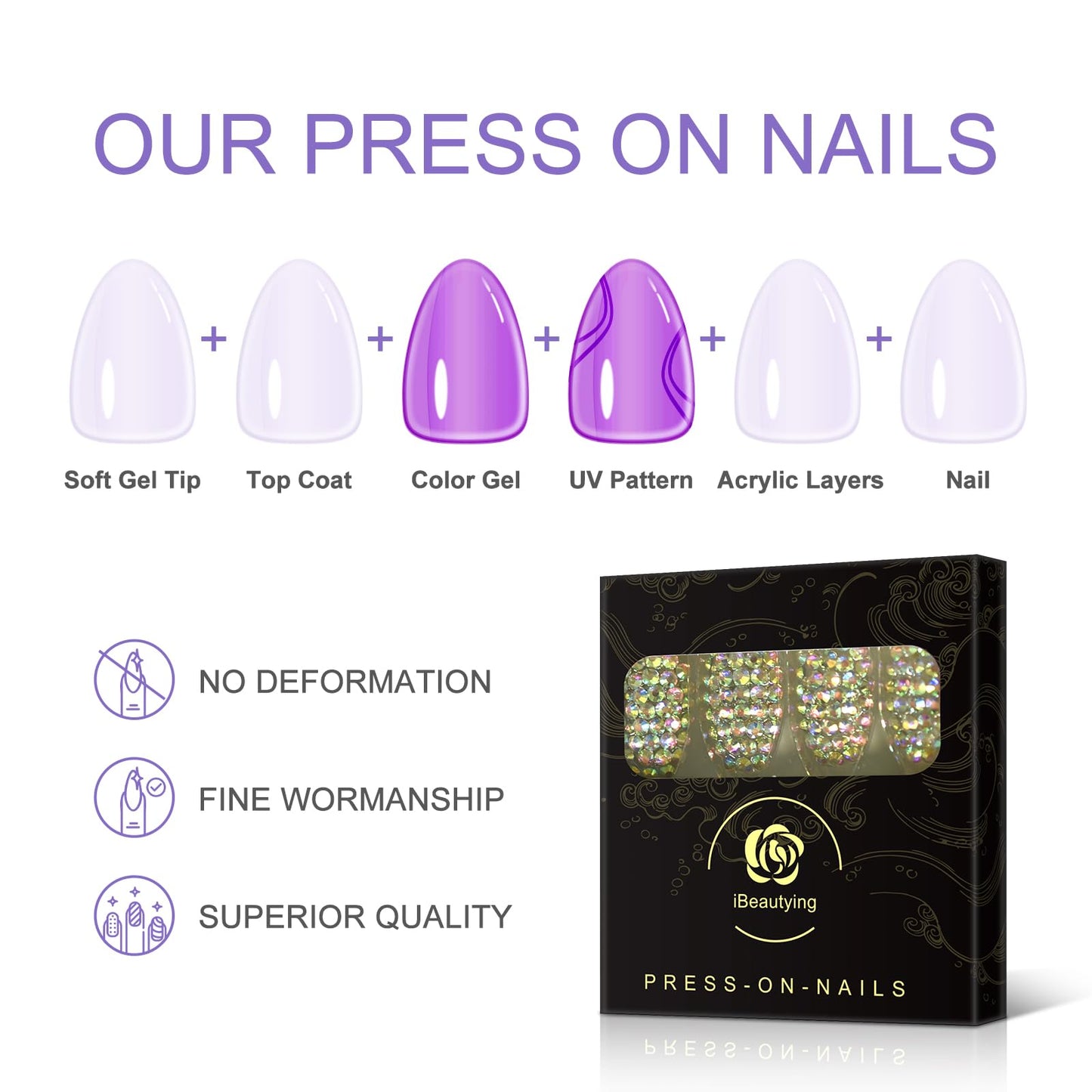 Sparkly Luxury Diamond Press on Nails - iBeautying False Nails - Finish Finger Wearable Nail 3D Rhinestones Jewelry Gems Full Cover Shine Reusable Coffin Fake Nails