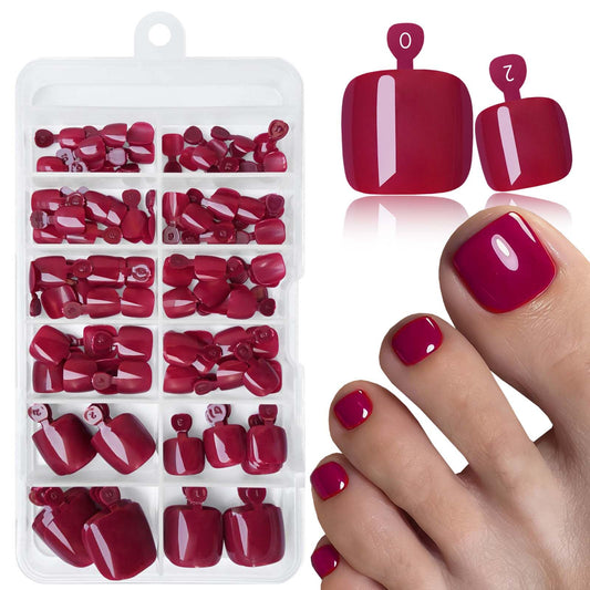 LoveOurHome 120pc Burgundy Press on Toenails Women Fake Toe Nails with Tabs, Wine Red Fake Toenails Press on Toe Nails Glue on Toenail Acrylic Toes Nail Tips Artificial False Toenail for Women