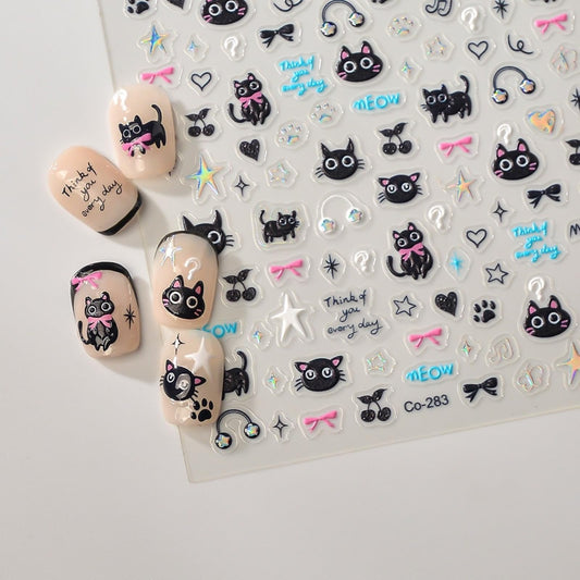 5D Embossed Cat Nail Art Stickers Star Heart Nail Stickers Music Black Cat Nail Decals Self-Adhesive with Cherry Designs Daily Nail Supplies for Women Girls Acrylic Nails DIY Manicure Nail Decorations