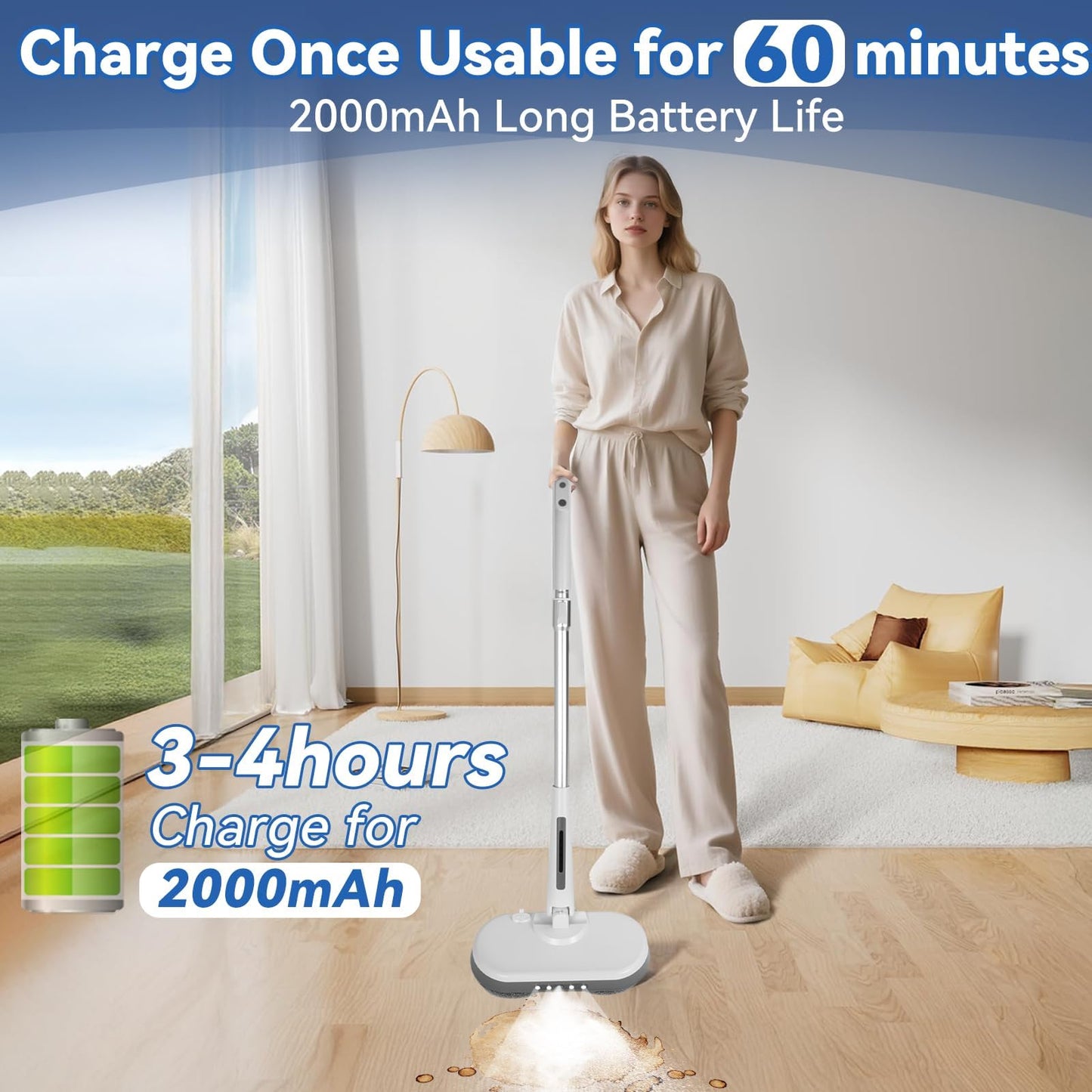 Cordless Electric Mop, Electric Spin Mop with LED Headlight and Water Spray,60 Mins Spin Power Scrubber Mops for Floor Cleaning,2000mAh Battery,350ml Water Tank,Standing Storage,Light Weight