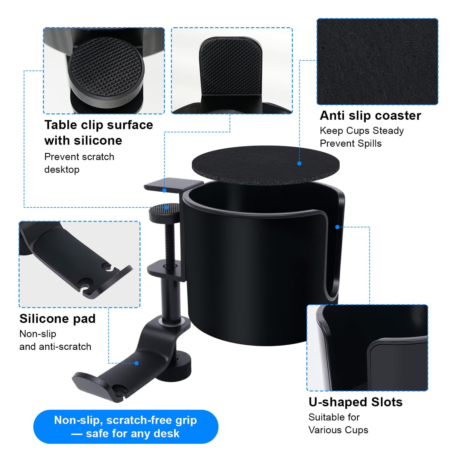 Erin Ridge Clamp-On Desk Cup Holder with 360° Rotating Hook – Anti-Spill Drink Holder with No-Scratch Silicone Pads, Fits Mugs & Tumblers – for Home Office, Gaming, Camping & Outdoor Tables
