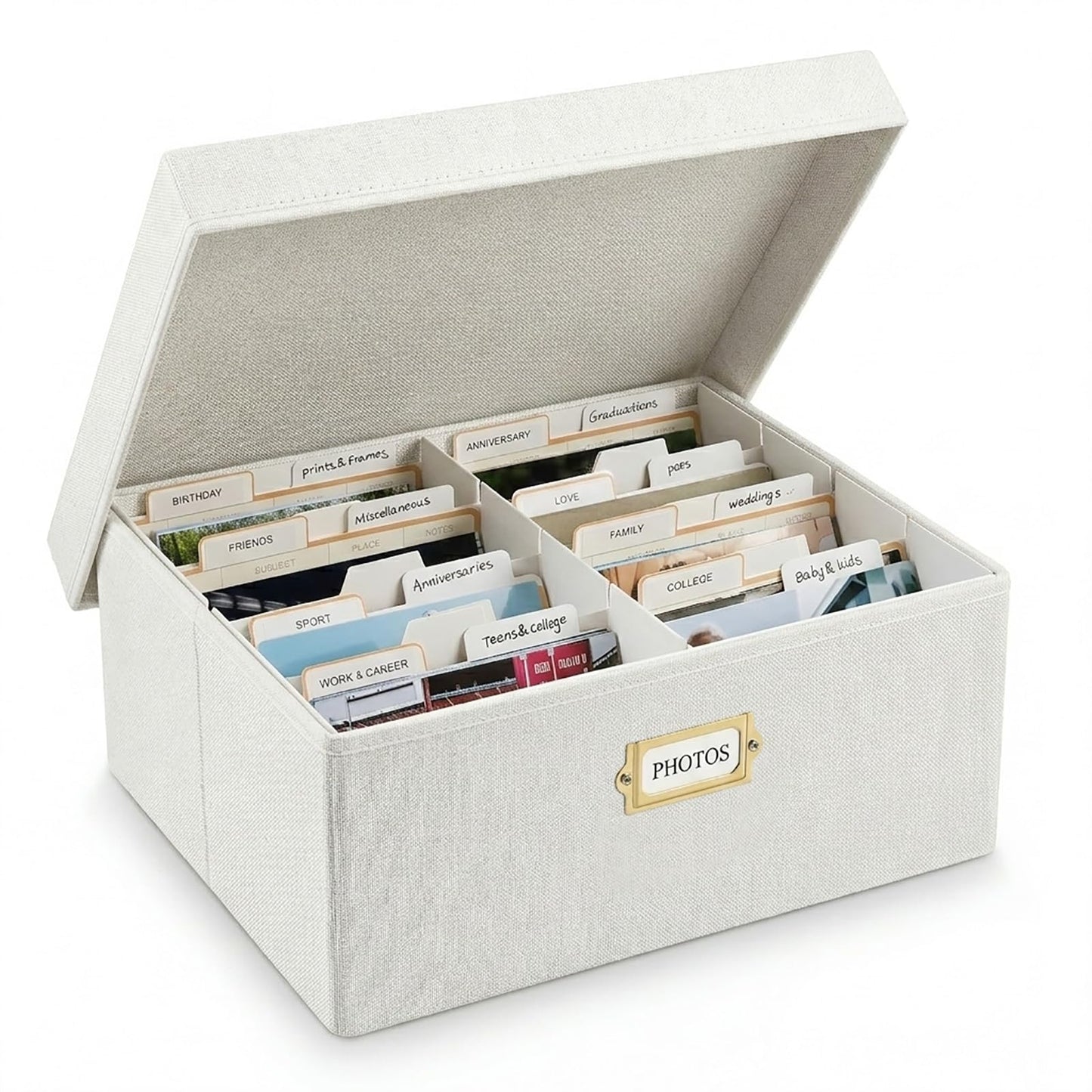 LEARNIBEE Decorative Photo Storage Box, Sturdy Linen Photo Organizer with Dividers & Envelopes, Holds Up to 1700 Pictures and 4x6 Photos, Keepsake Storage for Photos, Scrapbooks & Cards