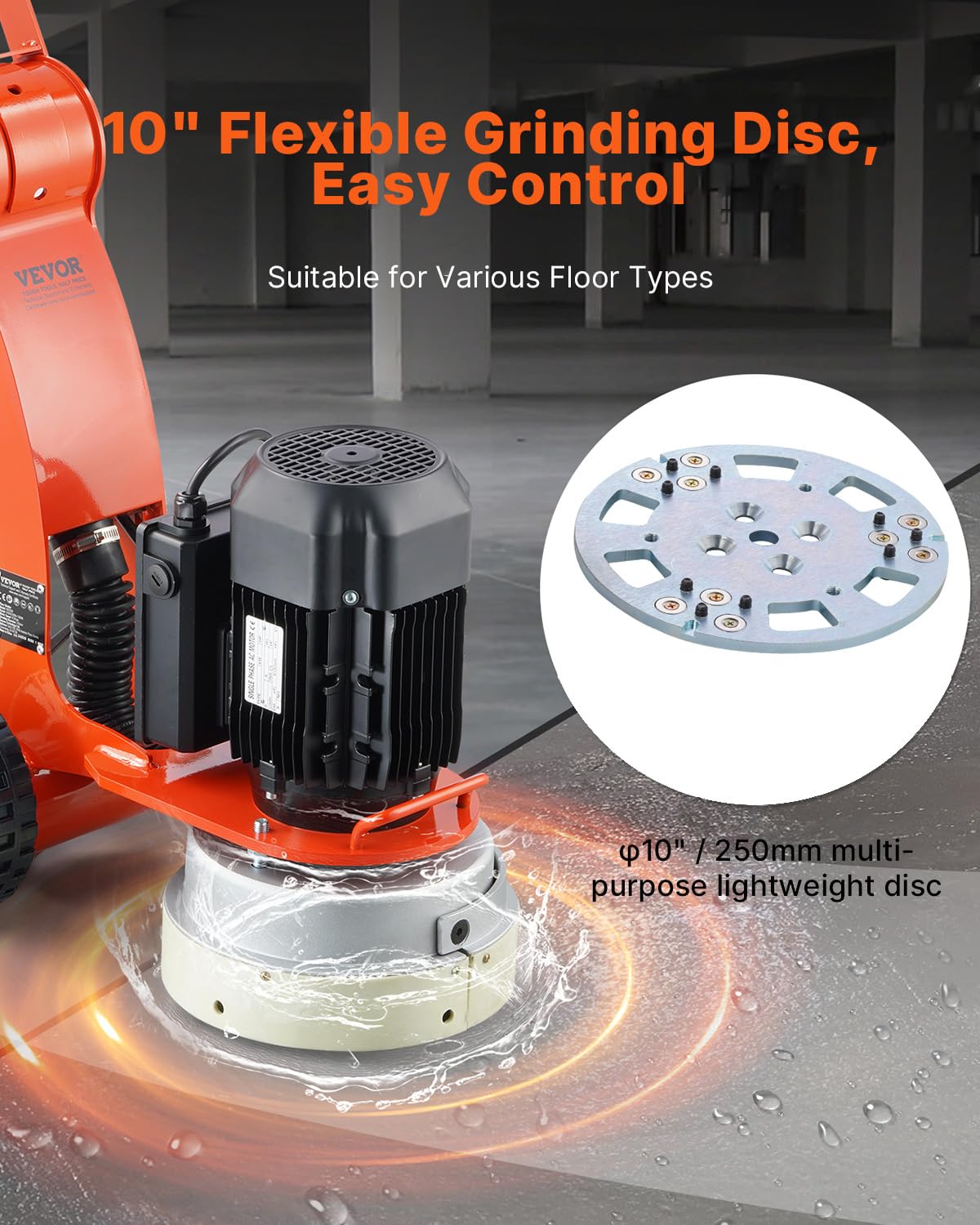 VEVOR 10" Electric Concrete Floor Grinder, 1.7HP Walk-Behind Polisher, 1300W Grinding Machine with 1720RPM Brushless Motor, Heavy-Duty Surfacing Tool for Granite and Concrete Floors