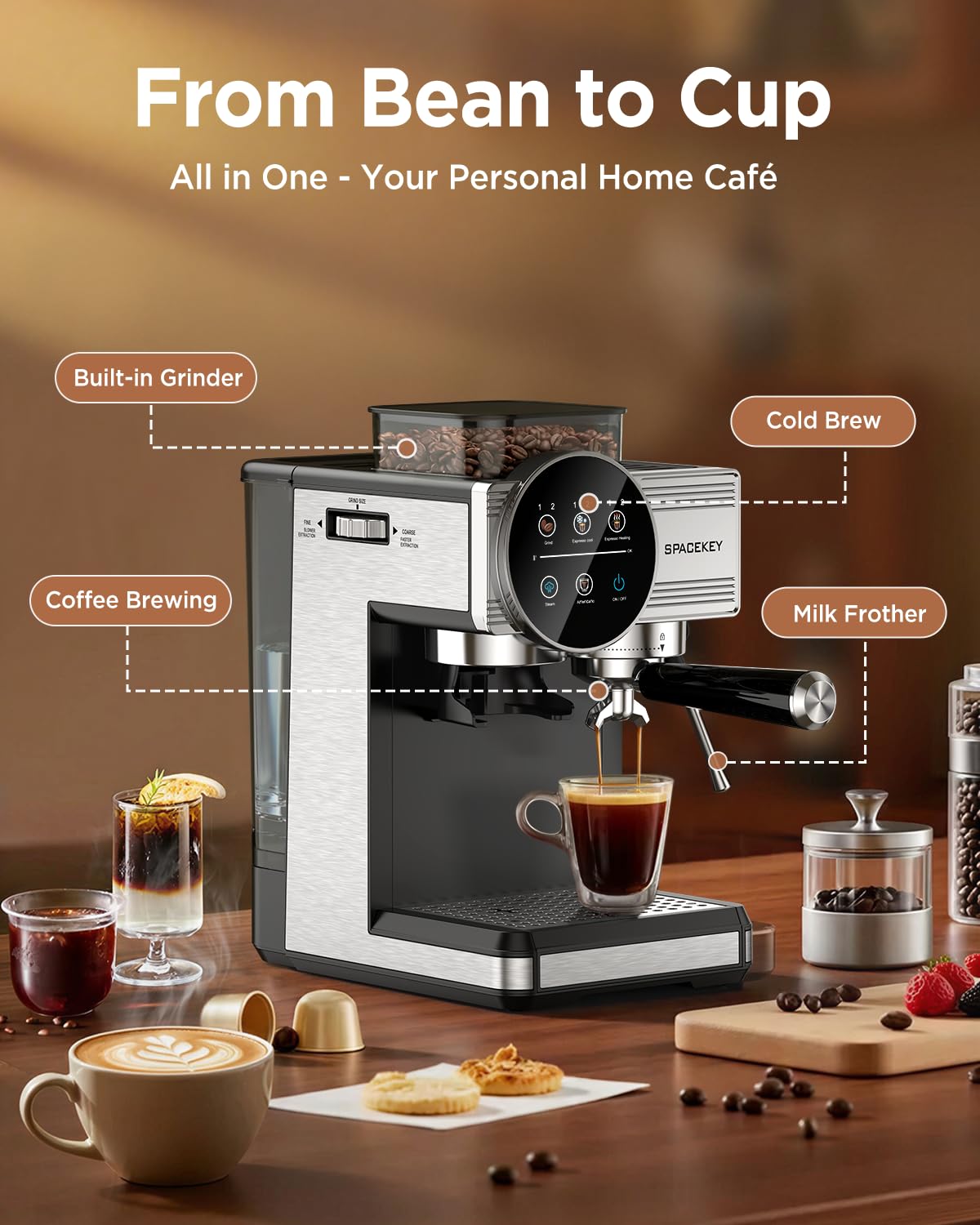 Spacekey Espresso Machine with Grinder - 20 Bar All-in-One Coffee Maker with Milk Steam Wand/Frother, Cold Brew, 30 Grind Settings, 60oz Removable Tank - Home Barista Kit for Lattes, Cappuccinos