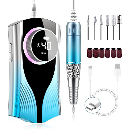 Electric Nail Drill Machine Professional, Cordless Rechargeable Nail Drill Kit Low Heat Quiet E-File for Acrylic Gel Polishing Removing with Bits Kit for Manicure Salon Home (Blue)