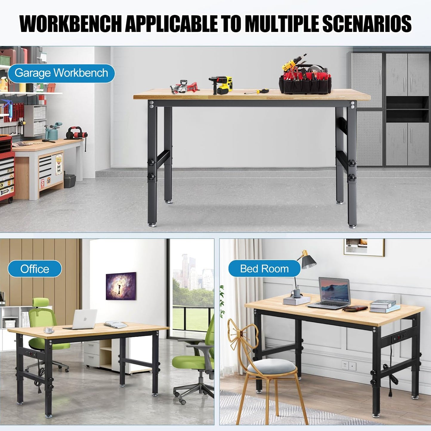 48" Workbench Desk with Power Outlets, Adjustable Height Rubber Wood Top Heavy-Duty Work Table, 2000 LBS Load Capacity Work Station for Garage, Workshop, Office, Home