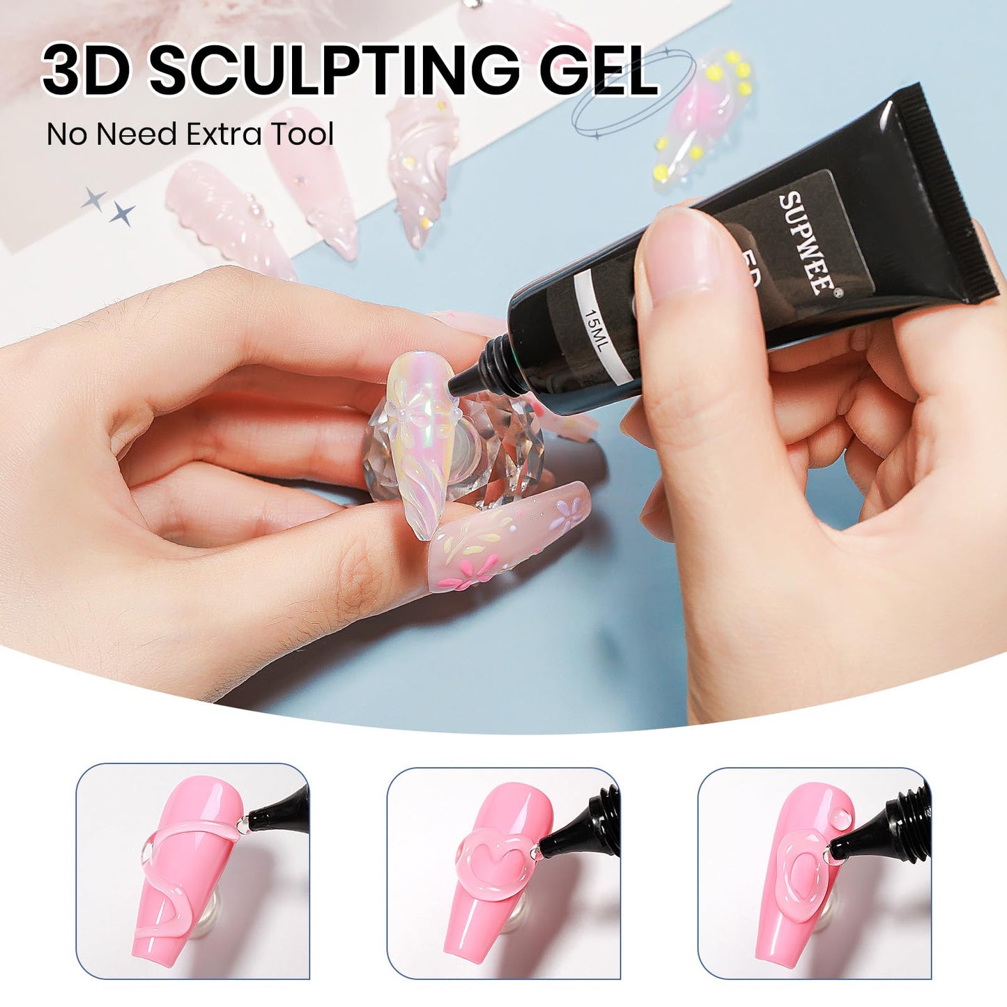 SUPWEE 3d Gel Nail Art Set: Non Stick Hand Solid Builder Gel, No Wipe 3d Gels, 15g 3d Sculpting Gels All-in-1 Kit for Carving Moliding Extension Home DIY Manucure for Women Girls