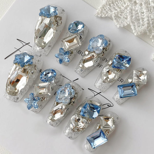 Coffin Shaped Luxury Press on Nails - Swan Lake | Coffin Artificial False Nails, Glossy Fake Nails with 3D Shinning Diamonds, Salon Quality Reusable Nails Kit