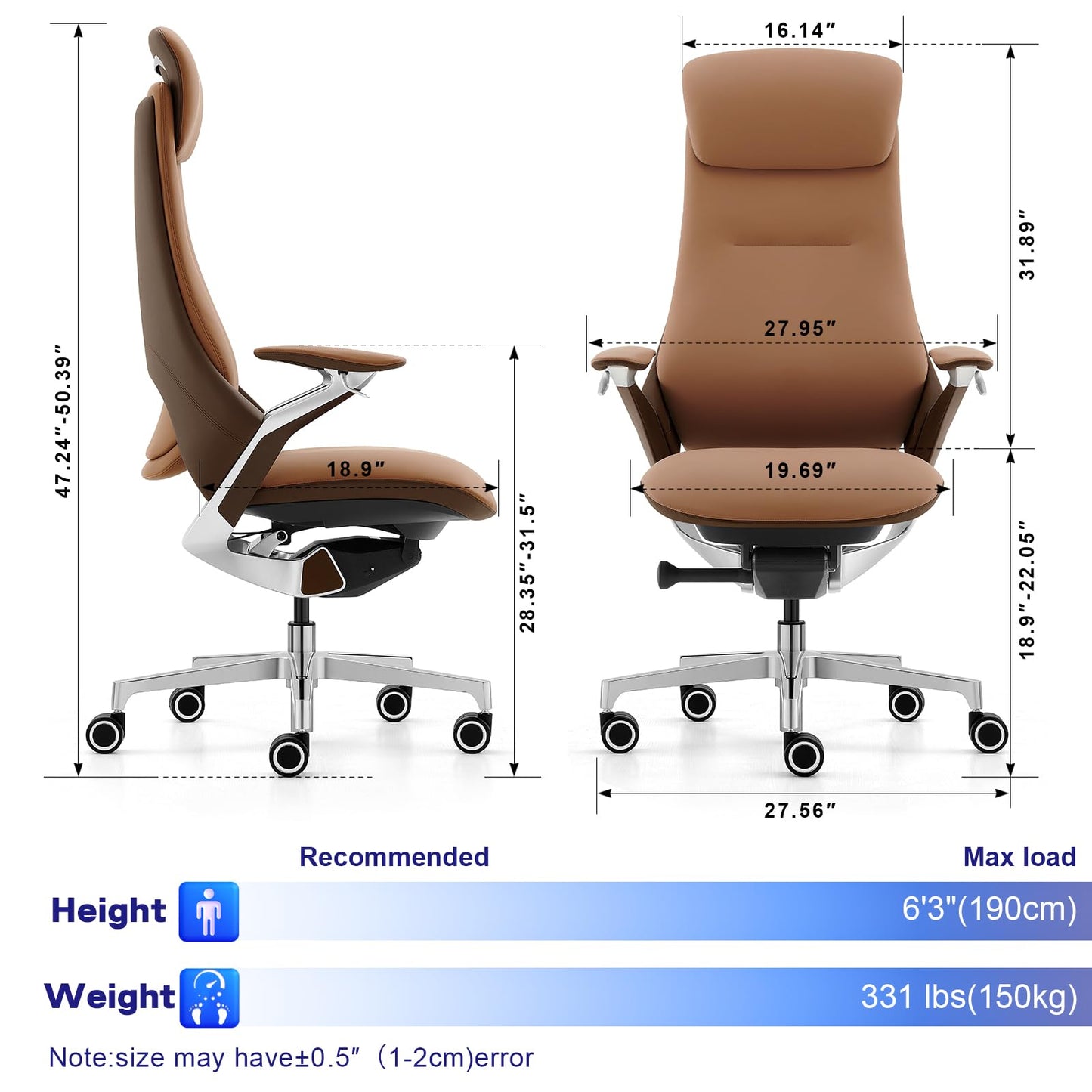 Genuine Leather Executive Office Chair, Ergonomic Comfortable Computer Chair, Adjustable seat Height/headrest Height, with tilt Lock, high-Back Home Office Desk Chair. (Caramel Brown/Dark Brown)