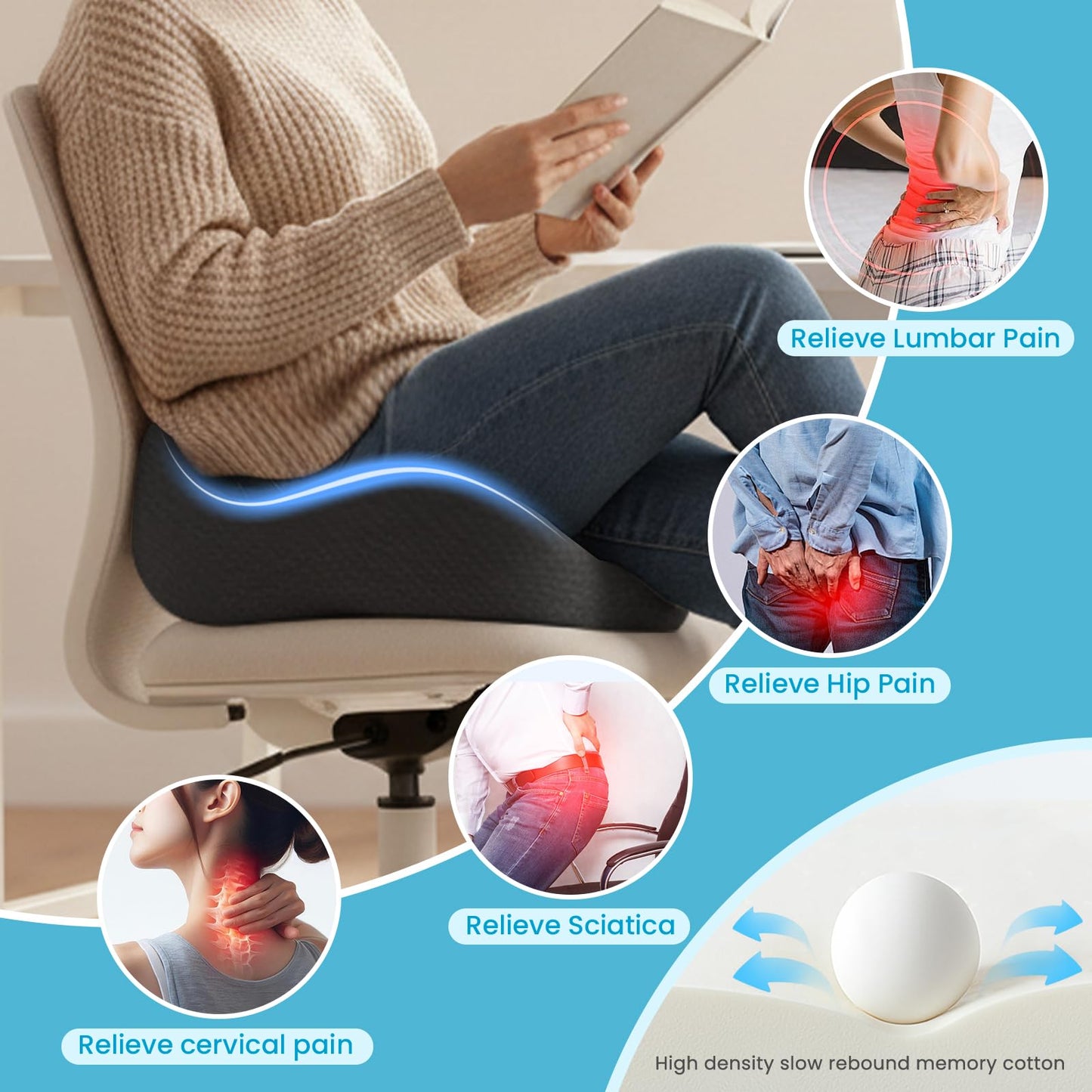 OVRST Memory Foam Seat Cushion，Ergonomic Office Chair Cushion，Coccyx Cushion for Tailbone Pain Relief Butt Pillow for Long Sitting，Suitable for Gaming Chair Car Seat Wheelchair