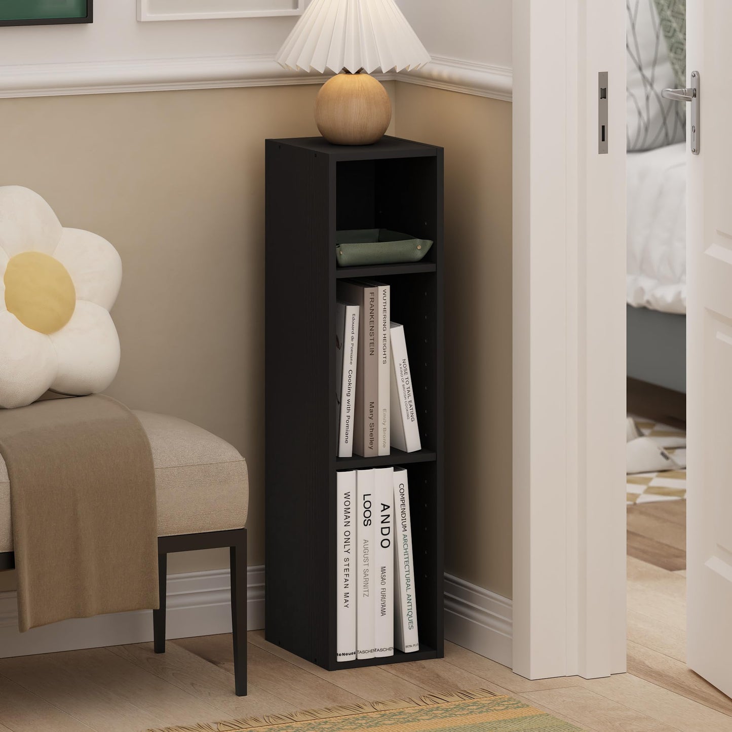 Furinno Fulda Book Shelf, 3-Tier Narrow Bookshelf, Bookcase with 8-in Width Storage Shelf, 9.3 x 7.9 x 31.5, for Living Room, Bedroom, Home Office, Blackwood