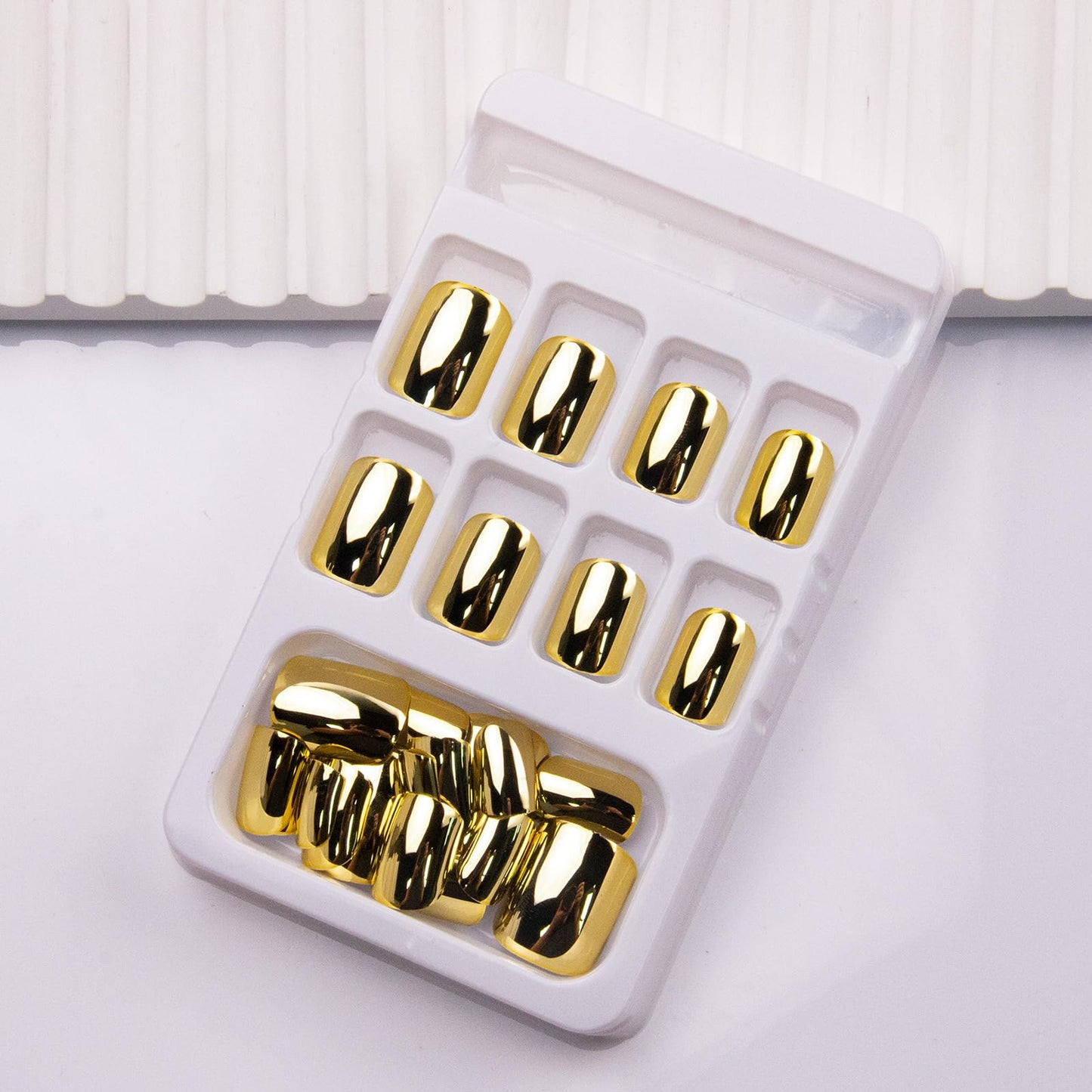 Gold Press on nails Metal Chrome Fake Nails Short Square False Nails Press ons Mirror Golden Acrylic Nails Glossy Luxurious Metal Glue Stick on Nail for Women Manicure 24pcs