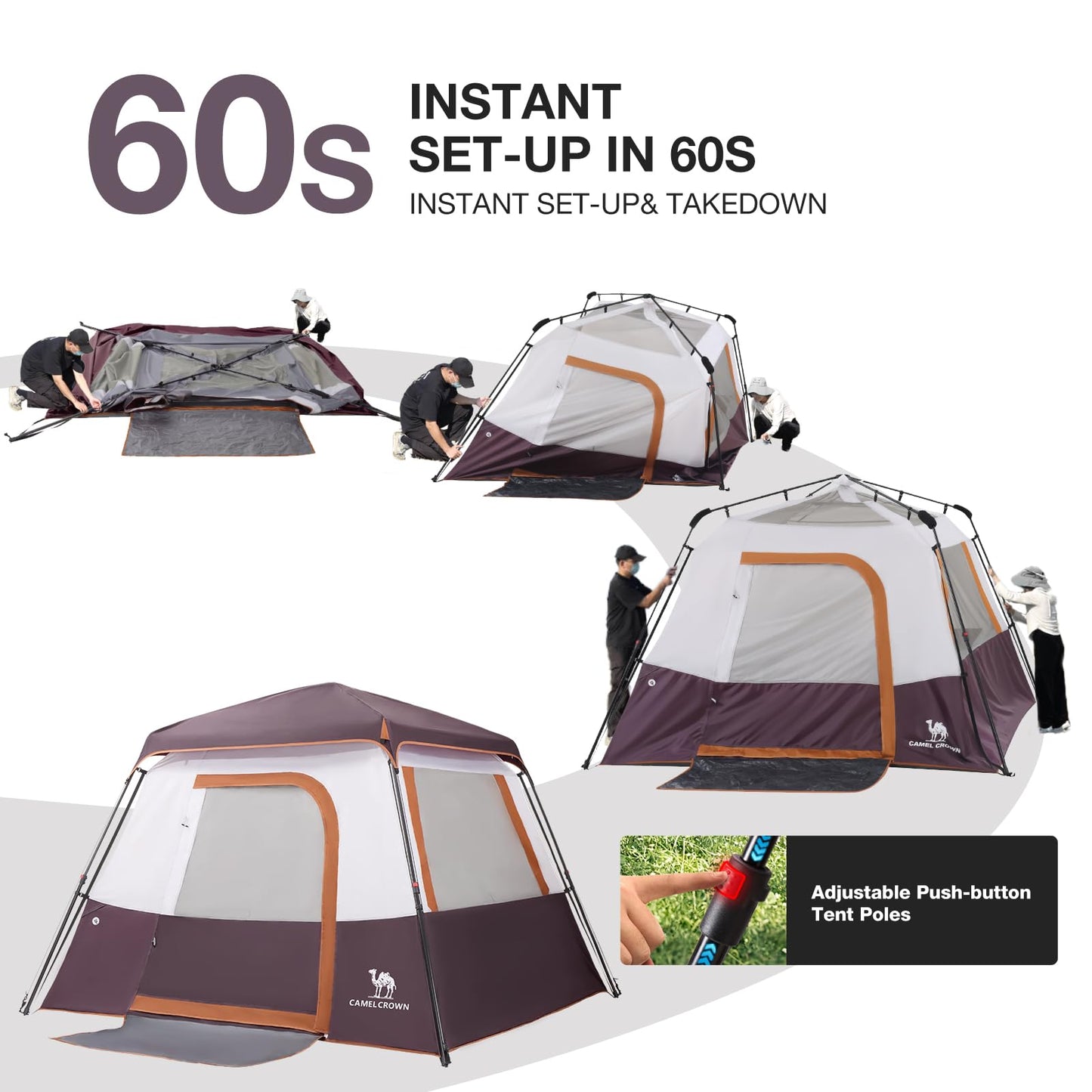 Camping Tents 4/6 Person Pop Up Instant Tent - Setup in 60s for Family Camping, Windproof Design, Family Cabin Tent with Rainfly & Backpack Carry Bag
