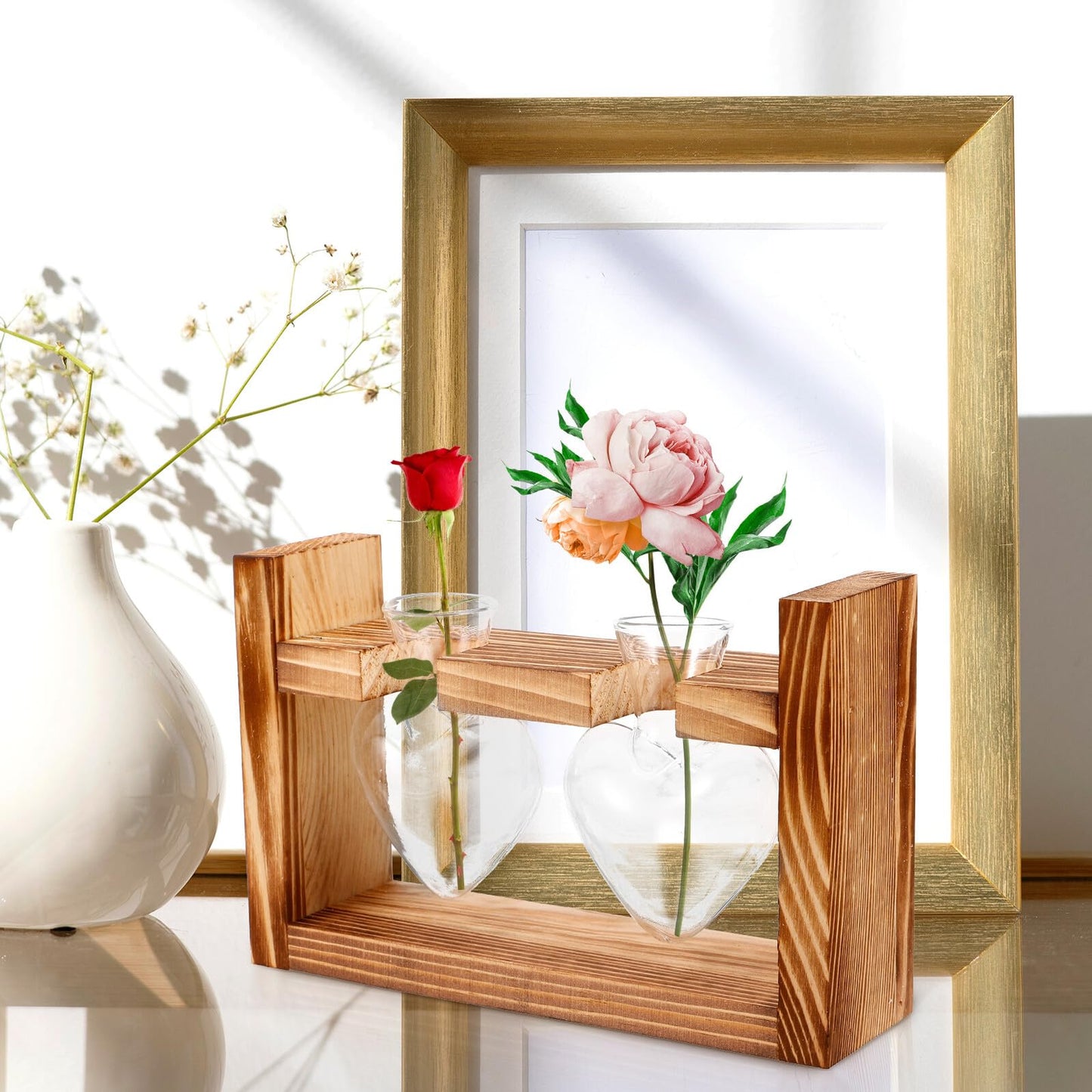 Healvian Heart-Shaped Glass Terrarium Vase with Wooden Stand, Hydroponic Planter for Indoor Plants, Desktop Home Decor, 2pcs Set with Retro Frame Packaging