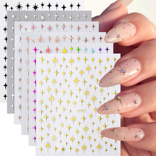 Star Nail Art Sticker 3D Glitter Metallic Laser Starlight Nail Stickers Silver Star Champagne Gold Black Shiny Sparkle Star Nail Tip Foil Adhesive Decals for Woman DIY French Manicure Accessories 6pcs