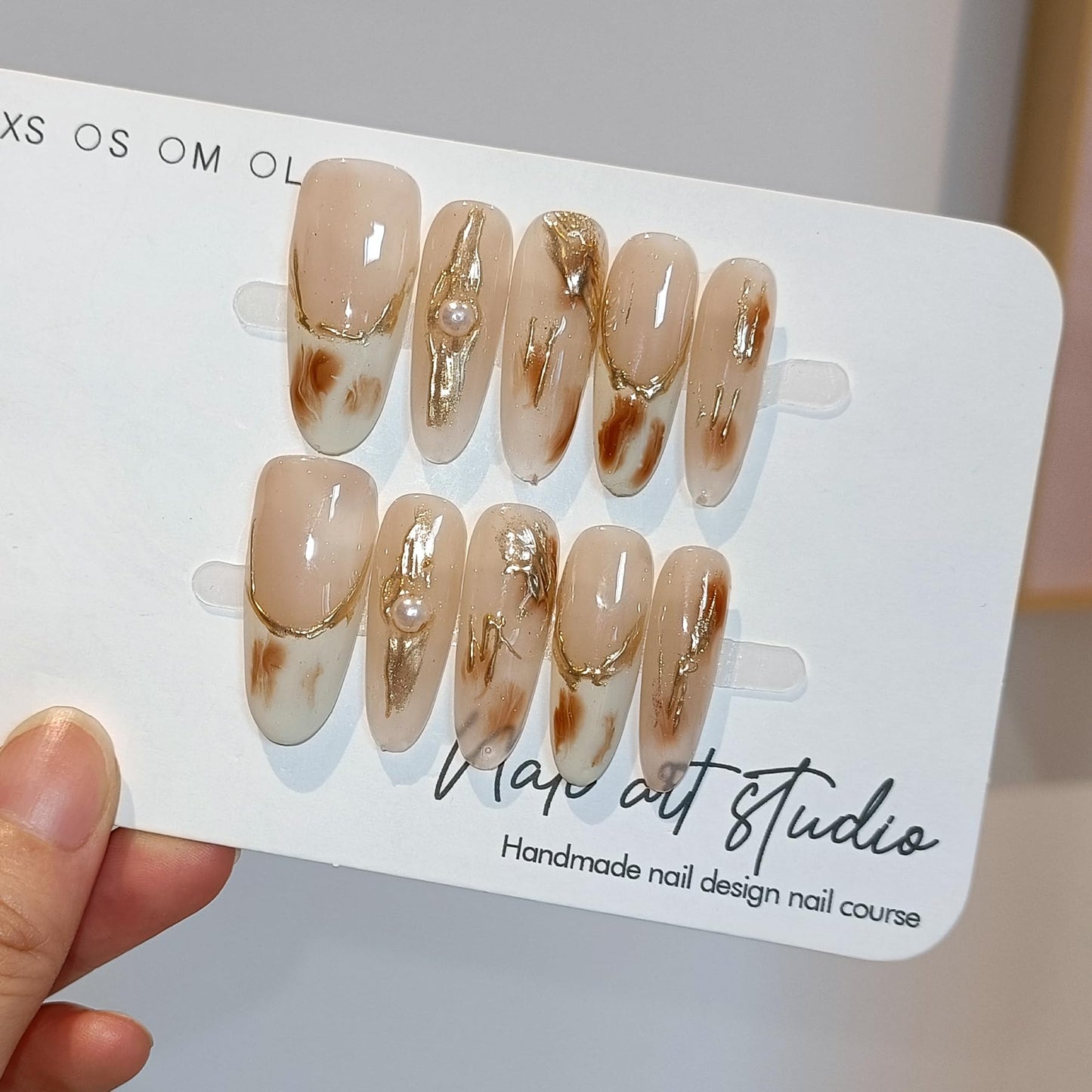 TENPAL Maillard Press on Nails Almond Shape French Tips Nails With Gold Foli Fake Nails With Glue Handmade Acrylic Glossy Soft Gel Light Brown Nails Press ons For Women Girls 10pcs/Box(S)