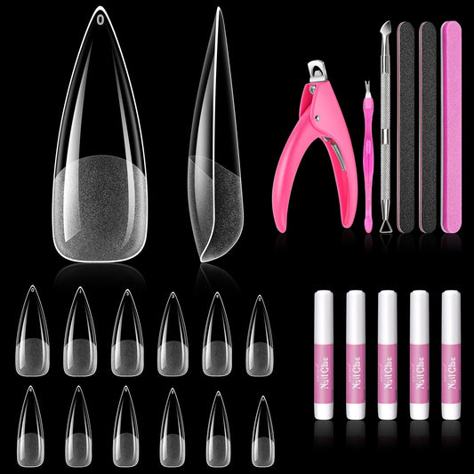 Clear Stiletto Nail Tips Long, MORGLES 480PCS Acrylic Nail Tips Full Cover 12 Sizes (0–11) with Nail Glue, Cutter, Files & Cuticle Tools