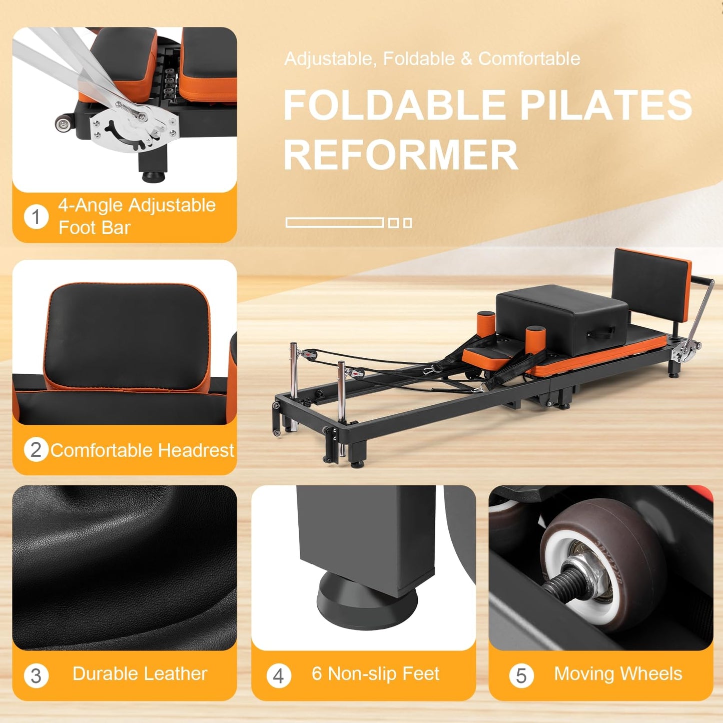 Ntoaujao Pilates Reformer, Foldable Pilates Machine for Home Gym Workout with 4 Springs & 5 Cords, fit for Beginners & Advanced Users, Up to 300 LBS (with Pilate Box & Jumpboard)