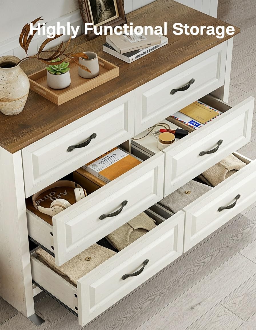 Marsail Farmhouse 6 Drawer Dresser, Wood Chest of Drawers with Natural Texture, Smooth Gliding Drawers, Versatile Storage Organizer Cabinet for Bedroom & Living Room, White and Brown