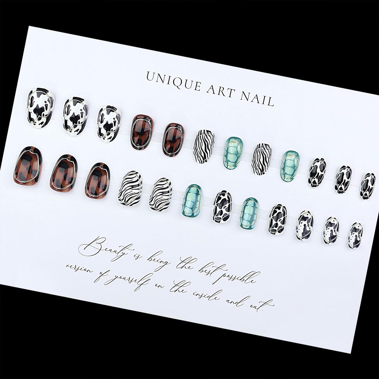 Jremg Animal Stripes Press on Nails Short Almond Fake Nails with Designs Glossy 3D Silver Circle Lines False Nails Zebra, Turtle, Leopard Glue on Nails Reusable Stick on Nails for Women 24Pcs