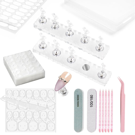ESUOHYM Nail Stand with 480 Pcs Nails Sticky Tabs for Press On Display Practice Magnetic Fake Nail Holder for Painting,20 Sheets Nail AdhesiveTabs,Double-Sided Tape,Press On Nail kit Salon Home