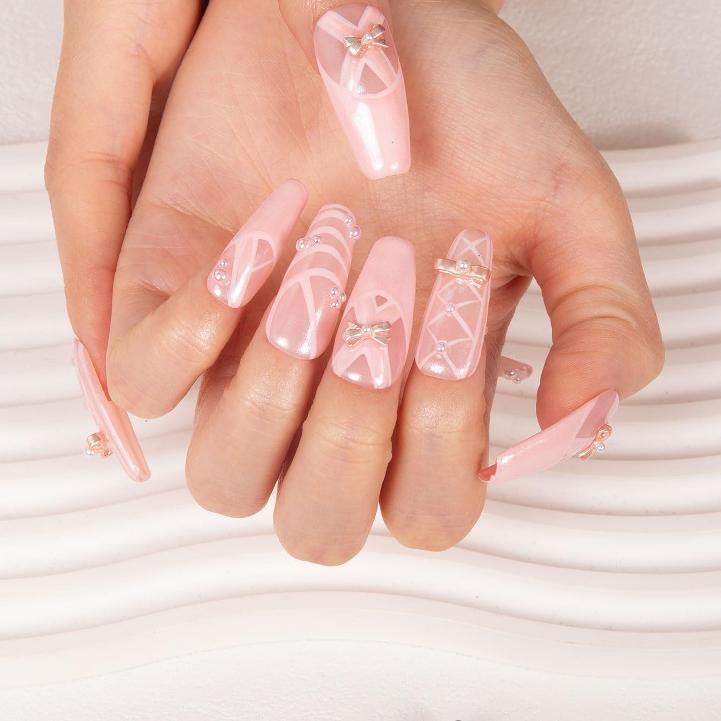 LOVFUL Press on Nails Tiptoe Ballet | Handmade with Full Covered Crystals | Reusable Full Cover Nails | Coffin Classic Regular 1.3 in | H291-L